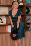 Dark Green Short Sleeves 1950s Plaid Dress