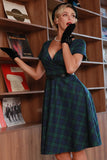 Dark Green Short Sleeves 1950s Plaid Dress