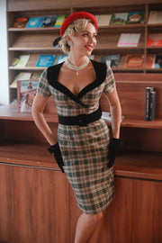 Khaki Plaid 1960s Vintage Dress with Belt