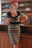 Khaki Plaid 1960s Vintage Dress with Belt