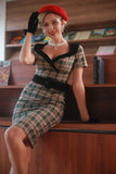 Khaki Plaid 1960s Vintage Dress with Belt