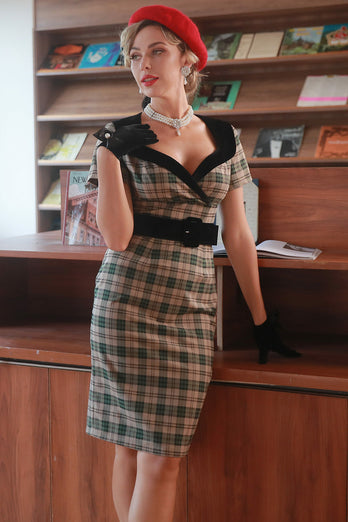 Khaki Plaid 1960s Vintage Dress with Belt