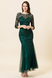 Dark Green Long Sleeves Beading Mother of Bride Dress