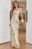 Load image into Gallery viewer, Golden V-Neck Short Sleeves Long 1920s Dress