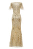 Load image into Gallery viewer, Golden V-Neck Short Sleeves Long 1920s Dress