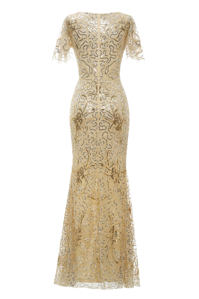 Load image into Gallery viewer, Golden V-Neck Short Sleeves Long 1920s Dress