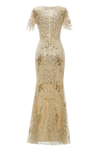 Golden V-Neck Short Sleeves Long 1920s Dress