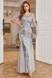 Grey Mermaid Sparkly Beaded Sequins Mother of the Bride Dress