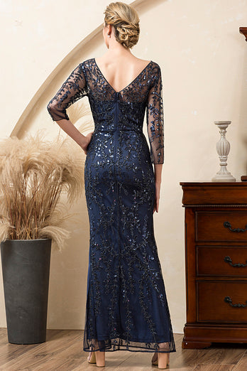 Navy Sparkly Beaded Sequins Mother of the Bride Dress with Slit