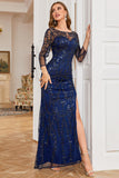 Navy Sparkly Beaded Sequins Mother of the Bride Dress with Slit