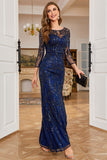 Navy Sparkly Beaded Sequins Mother of the Bride Dress with Slit