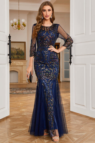 Navy Sequin Long Sleeves Mother of The Bride Dress
