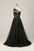 Load image into Gallery viewer, Black A Line One Shoulder Prom Dress with Appliques and Beadings