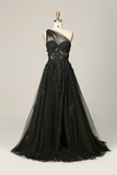 Black A Line One Shoulder Prom Dress with Appliques and Beadings