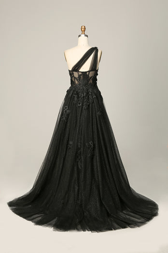 Black A Line One Shoulder Prom Dress with Appliques and Beadings