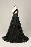 Black A Line One Shoulder Prom Dress with Appliques and Beadings