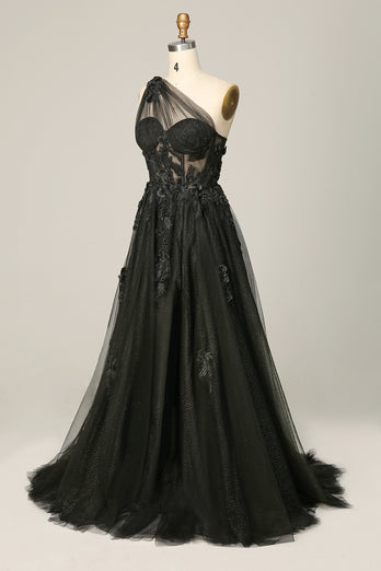 Black A Line One Shoulder Prom Dress with Appliques and Beadings