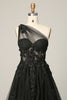 Load image into Gallery viewer, Black A Line One Shoulder Prom Dress with Appliques and Beadings