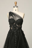 Black A Line One Shoulder Prom Dress with Appliques and Beadings