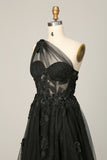 Black A Line One Shoulder Prom Dress with Appliques and Beadings