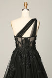 Black A Line One Shoulder Prom Dress with Appliques and Beadings