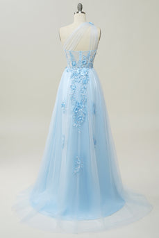 A Line One Shoulder Sky Blue Long Prom Dress with Appliques