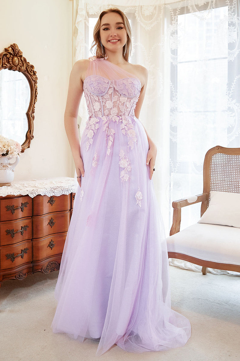Load image into Gallery viewer, A Line One Shoulder Purple Plus Size Prom Dress with Appliques