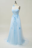 A Line One Shoulder Sky Blue Long Prom Dress with Appliques