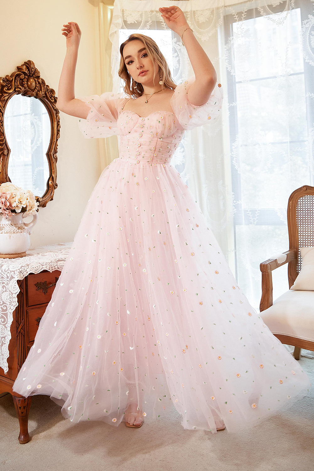 A Line Off the Shoulder Blush Plus Size Prom Dress with Embroidery