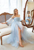 Load image into Gallery viewer, A Line Strapless Blue Printed Plus Size Prom Dress with Half Sleeves