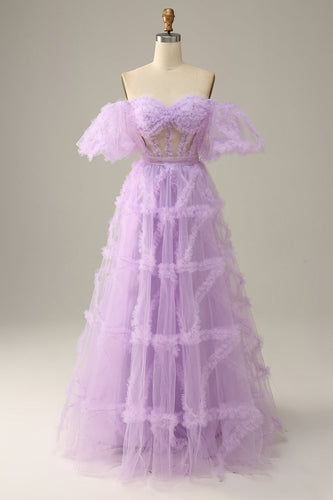 Purple Tulle Off The Shoulder Prom Dress