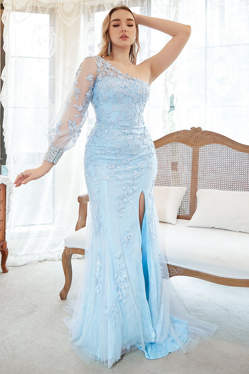 Load image into Gallery viewer, Mermaid One Shoulder Sky Blue Plus Size Prom Dress with Appliques