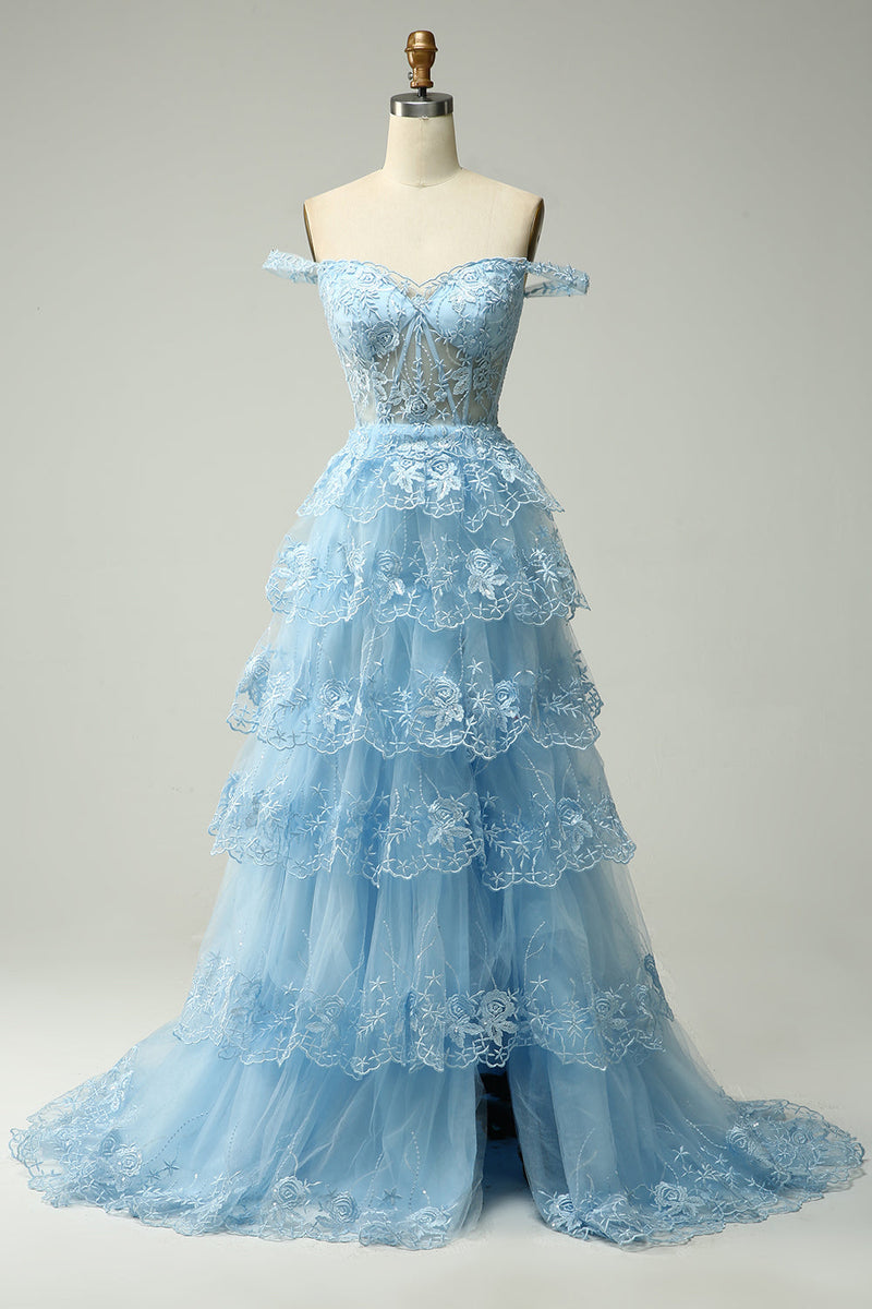 Load image into Gallery viewer, Princess A Line Off the Shoulder Blue Long Prom Dress with Appliques