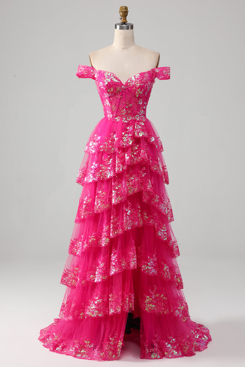 Load image into Gallery viewer, Off The Shoulder Fuchsia Prom Dress with Sequins