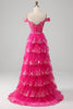 Load image into Gallery viewer, Princess A Line Off the Shoulder Black Pink Long Prom Dress with Tiered Lace