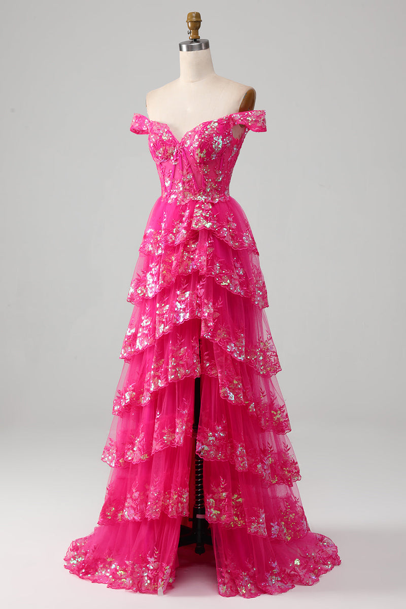 Load image into Gallery viewer, Off The Shoulder Fuchsia Prom Dress with Sequins