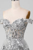 Load image into Gallery viewer, Off the Shoulder Grey Sparkly Tiered Prom Dress with Slit