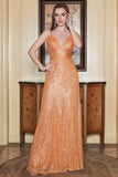 Spaghetti Straps Orange Sequins Long Prom Dress with Criss Cross Back