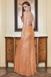 Spaghetti Straps Orange Sequins Long Prom Dress with Criss Cross Back