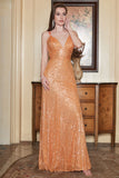 Spaghetti Straps Orange Sequins Long Prom Dress with Criss Cross Back