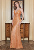 Load image into Gallery viewer, Spaghetti Straps Orange Sequins Long Prom Dress with Criss Cross Back