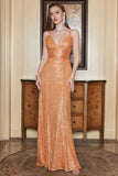 Spaghetti Straps Orange Sequins Long Prom Dress with Criss Cross Back