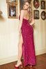 Load image into Gallery viewer, Sheath Sweetheart Fuchsia Sequins Plus Size Prom Dress with Split Front