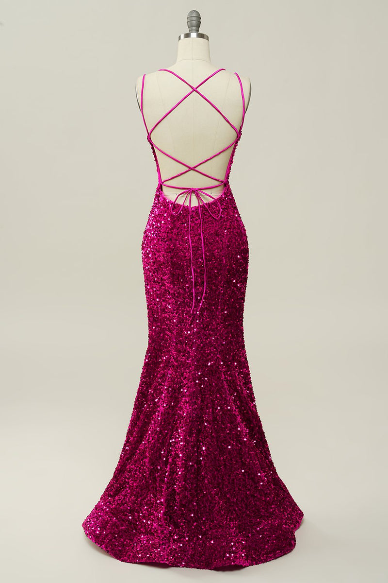 Load image into Gallery viewer, Hot Pink Sequin Spaghetti Straps Mermaid Prom Dress with Lace-up Back