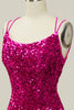 Load image into Gallery viewer, Hot Pink Sequin Spaghetti Straps Mermaid Prom Dress with Lace-up Back