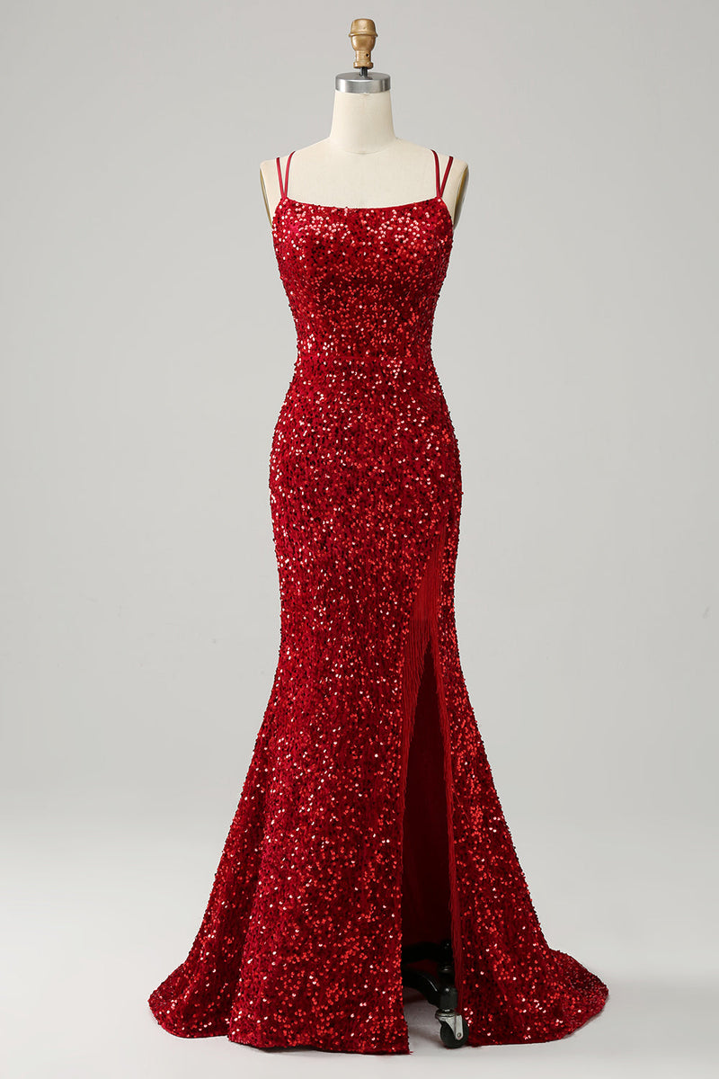 Load image into Gallery viewer, Red Sparkly Mermaid Backless Long Sequined Prom Dress
