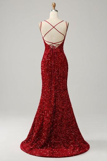 Red Sparkly Mermaid Backless Long Sequined Prom Dress