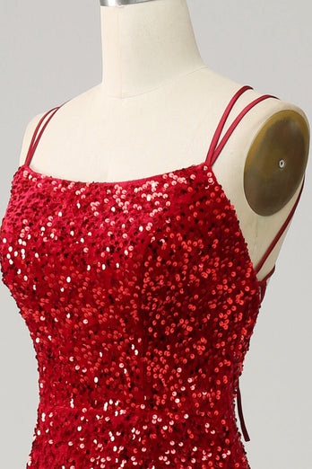 Red Sparkly Mermaid Backless Long Sequined Prom Dress