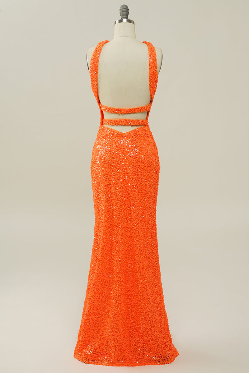 Load image into Gallery viewer, Orange Halter Sequined Backless Mermaid Prom Dress