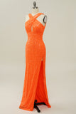 Orange Halter Sequined Backless Mermaid Prom Dress